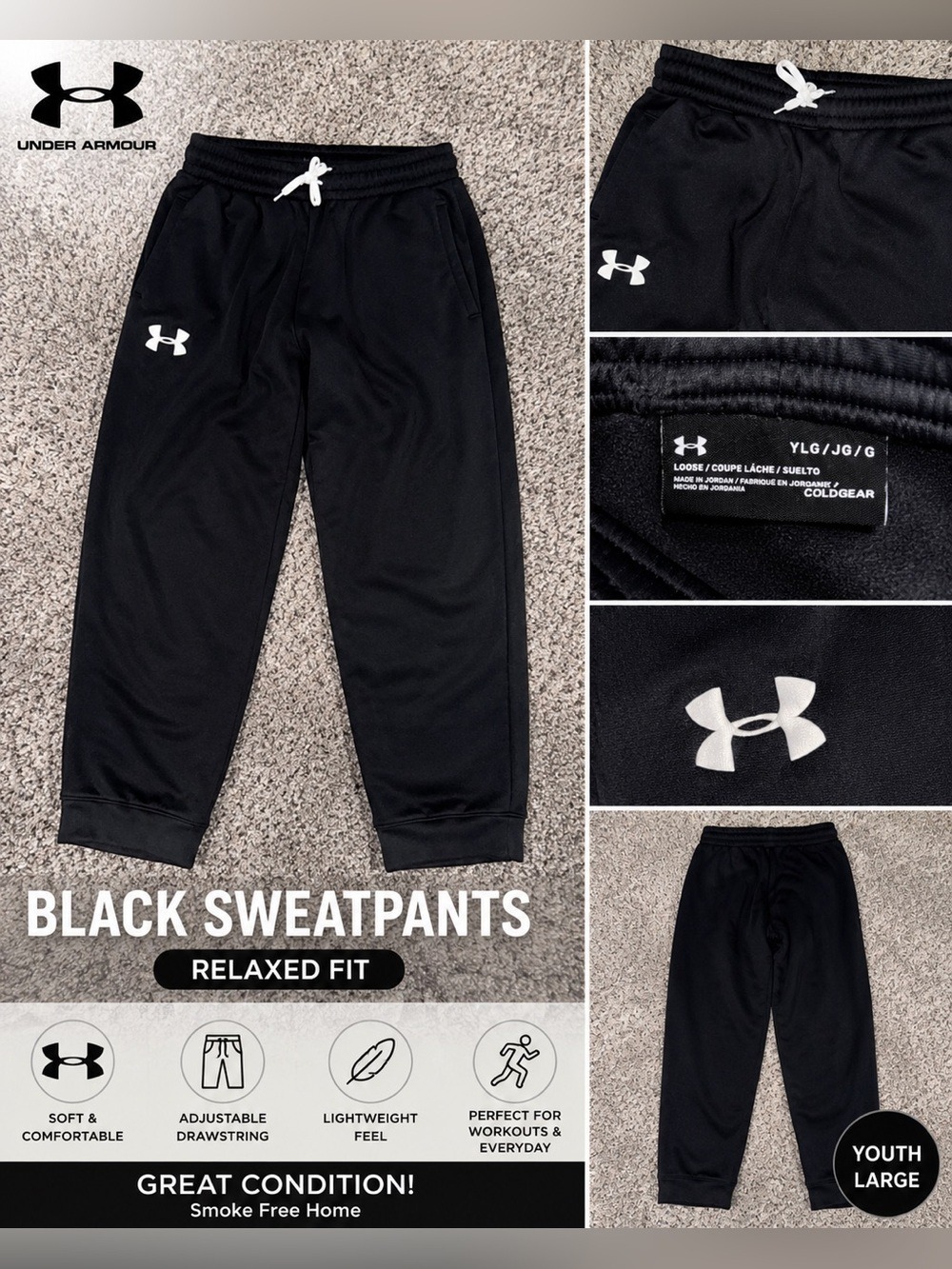Under Armour Youth Large Black Jogger Sweatpants ColdGear Athletic Pants